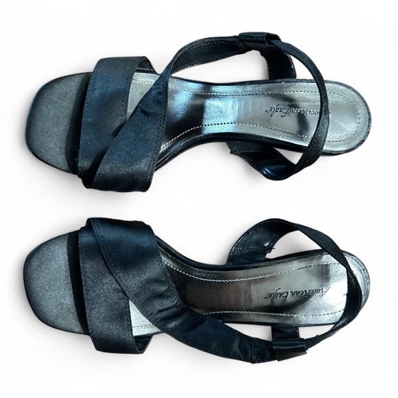 AMERICAN EAGLE Black Satin Heeled Sandals With Ankle Strap 6 1/2 Good Condition - Picture 4 of 8